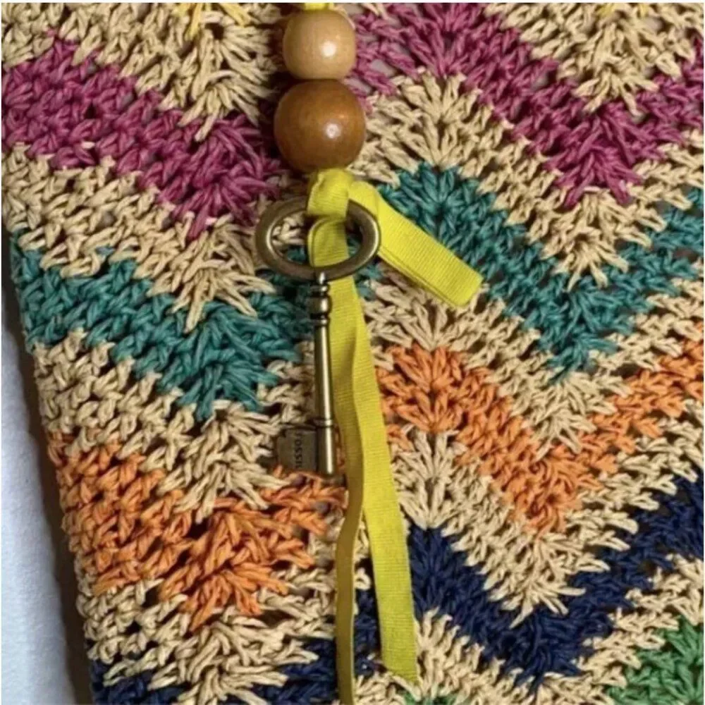 Fossil Multi-Colored Raffia Straw Shoulder Bag with Leather Straps Wood Accents